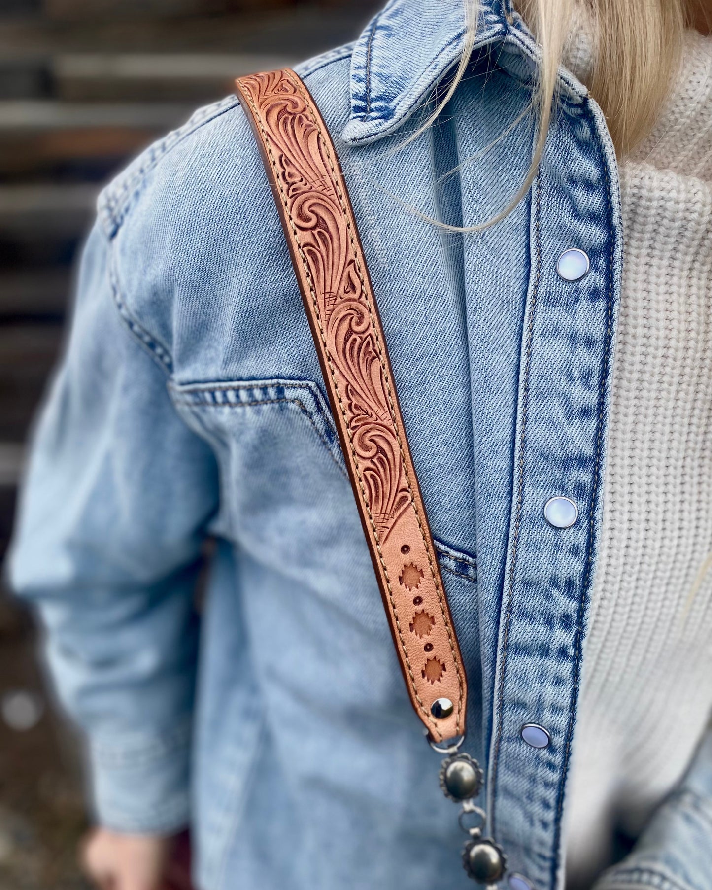 Small hair on hide cross body purse with tooled leather and concho chain- light longhorn