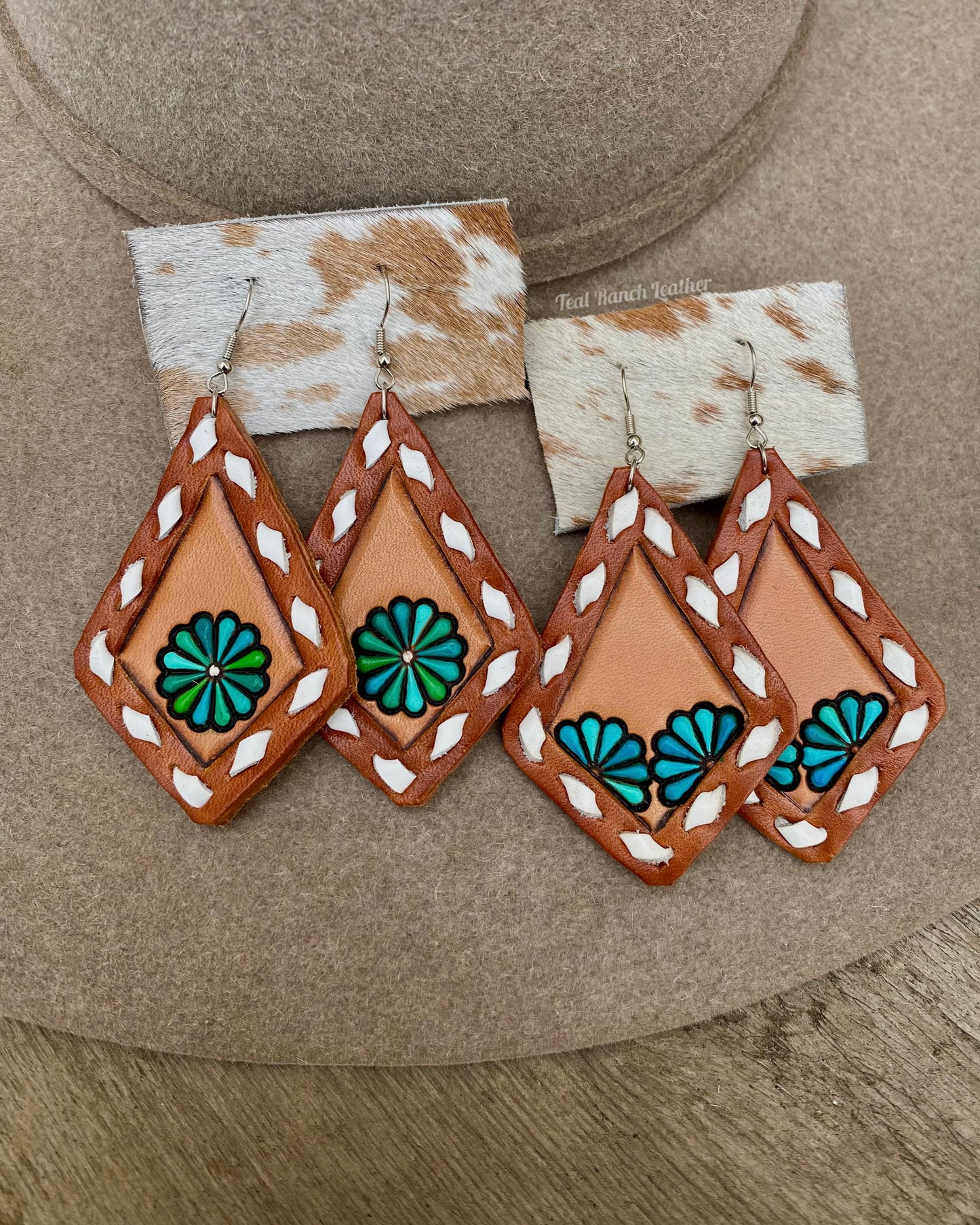 Leather turquoise and buckstitch earrings