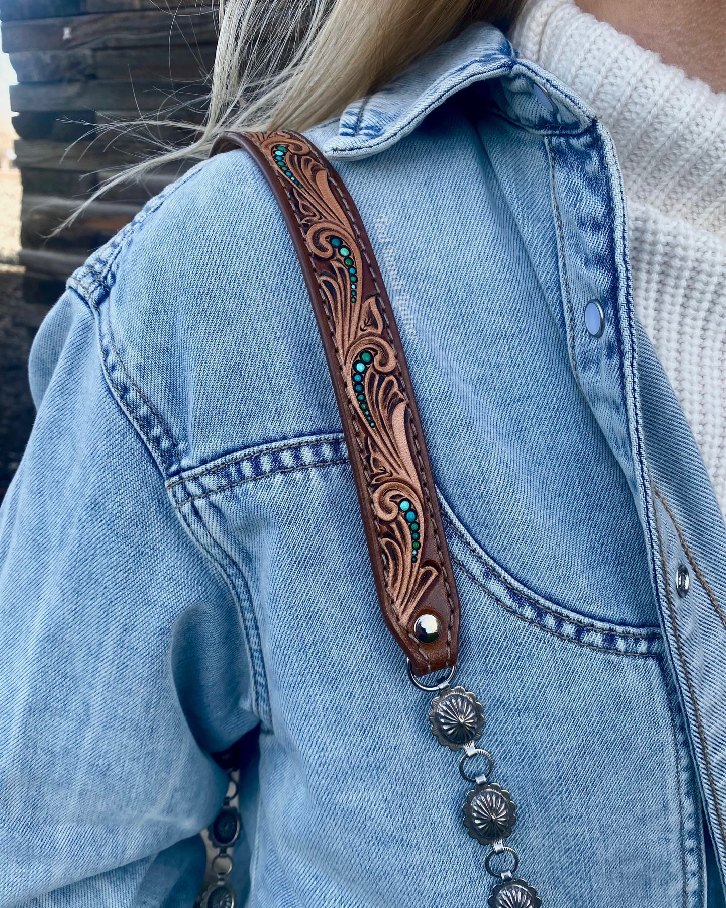 Small hair on hide cross body purse with tooled leather and concho chain-Light longhorn with turquoise