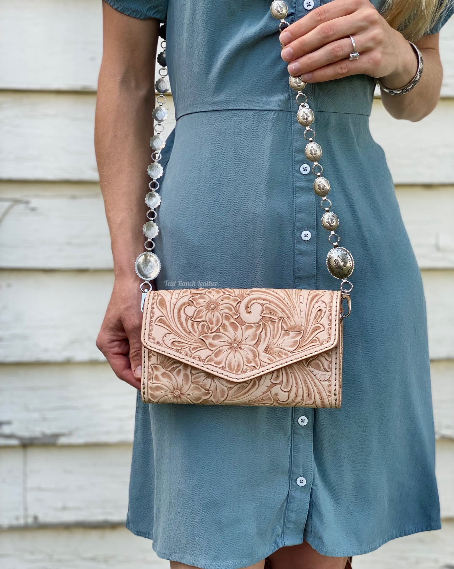 Small light leather tooled concho purse