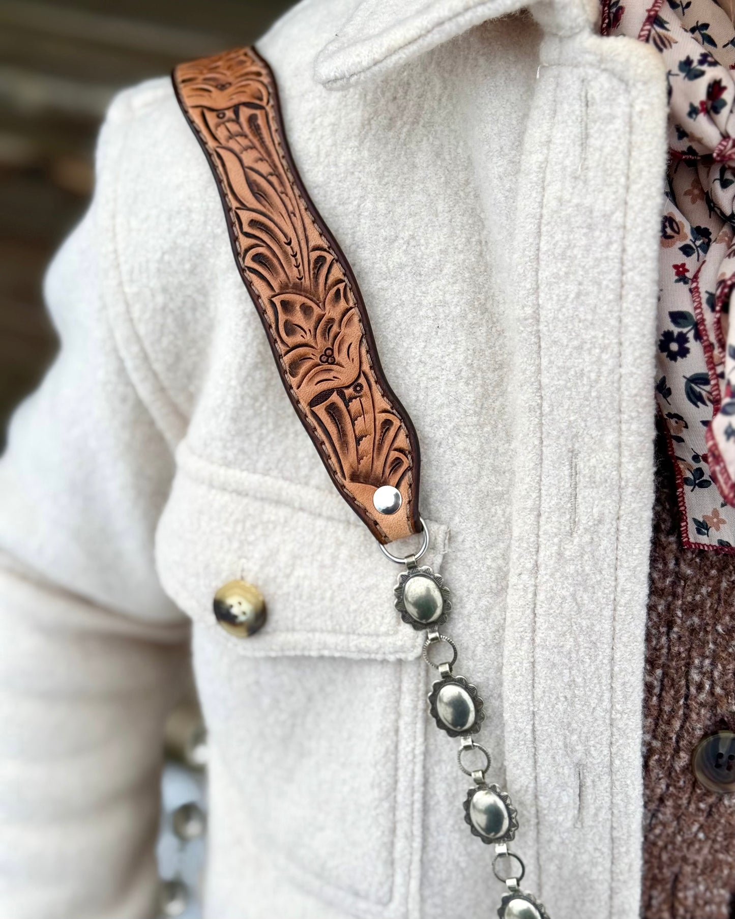 Small tooled leather cross body purse with CH designs turquoise