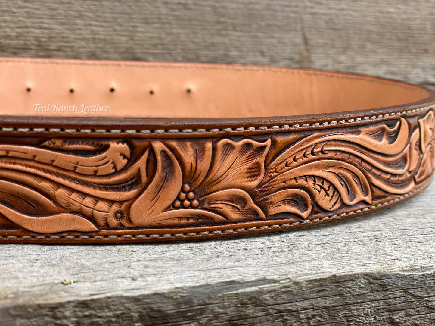 Tooled leather belt in walnut- size 29
