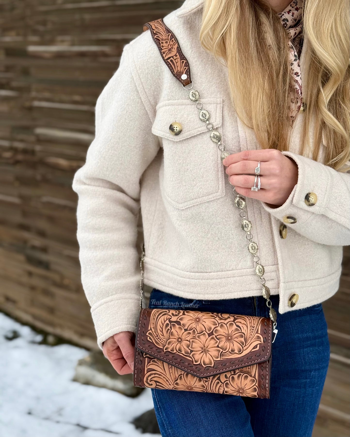 Small tooled leather cross body purse- Dark brown