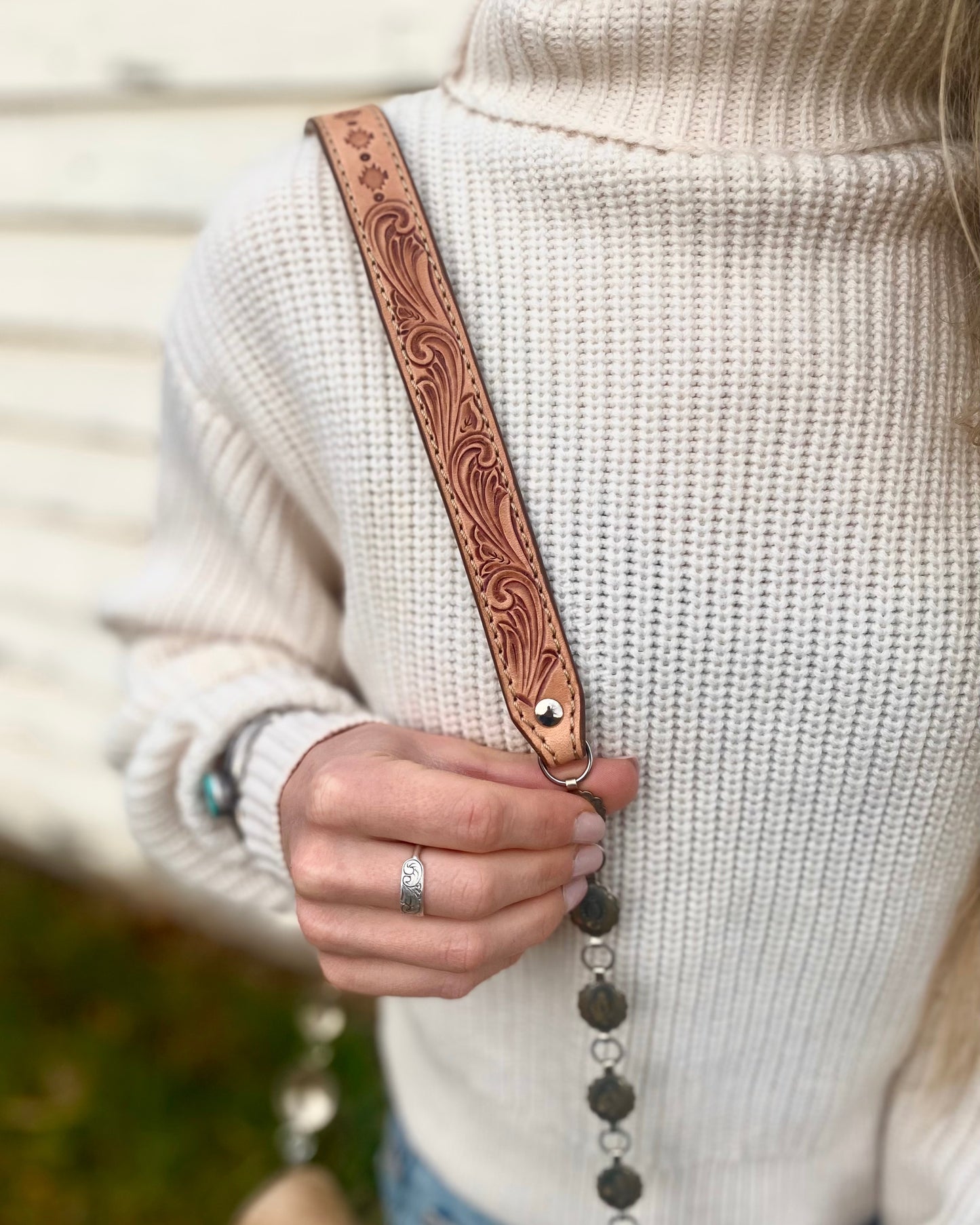 Small hair on hide cross body purse with tooled leather and concho chain- Light tan