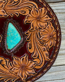 Tooled leather round purse- Kingman turquoise
