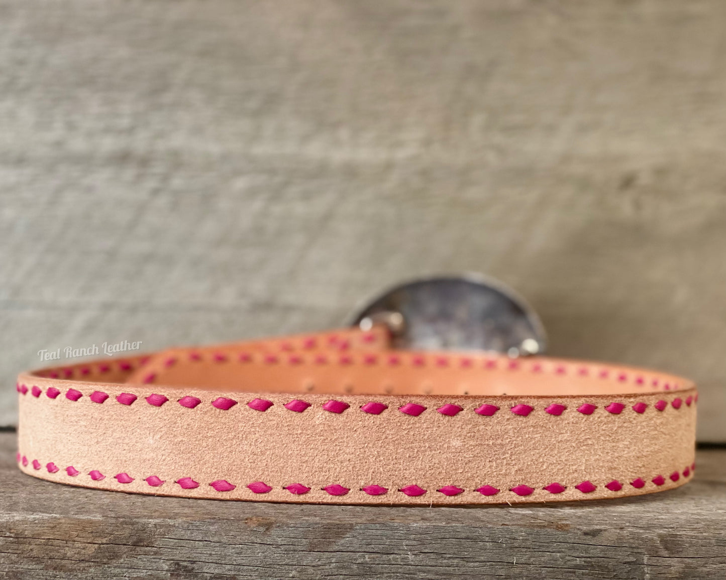 Rough out leather belt with pink buck stitch size 30"