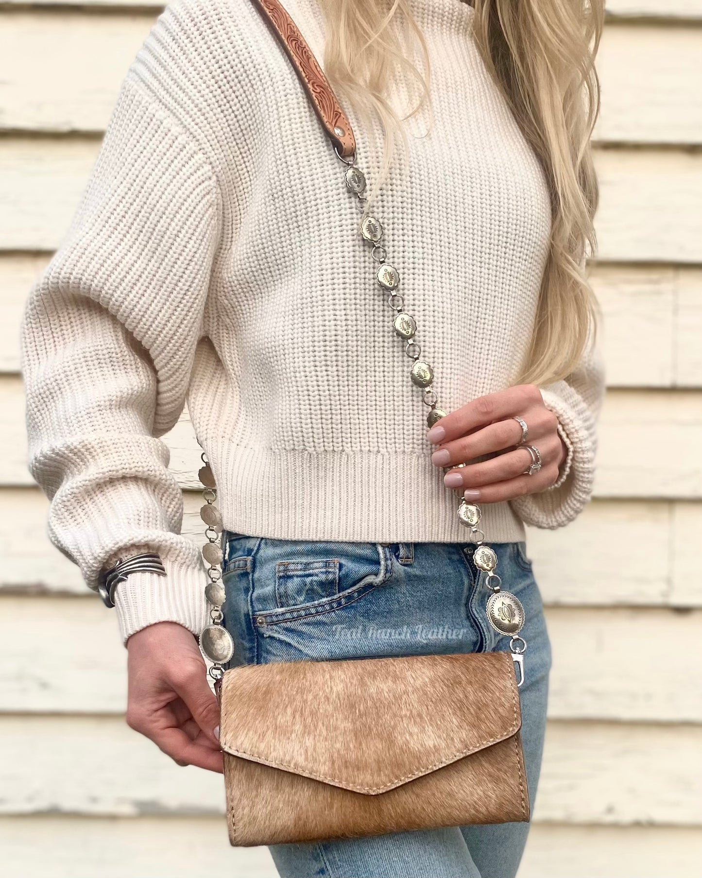 Small hair on hide cross body purse with tooled leather and concho chain- Light tan