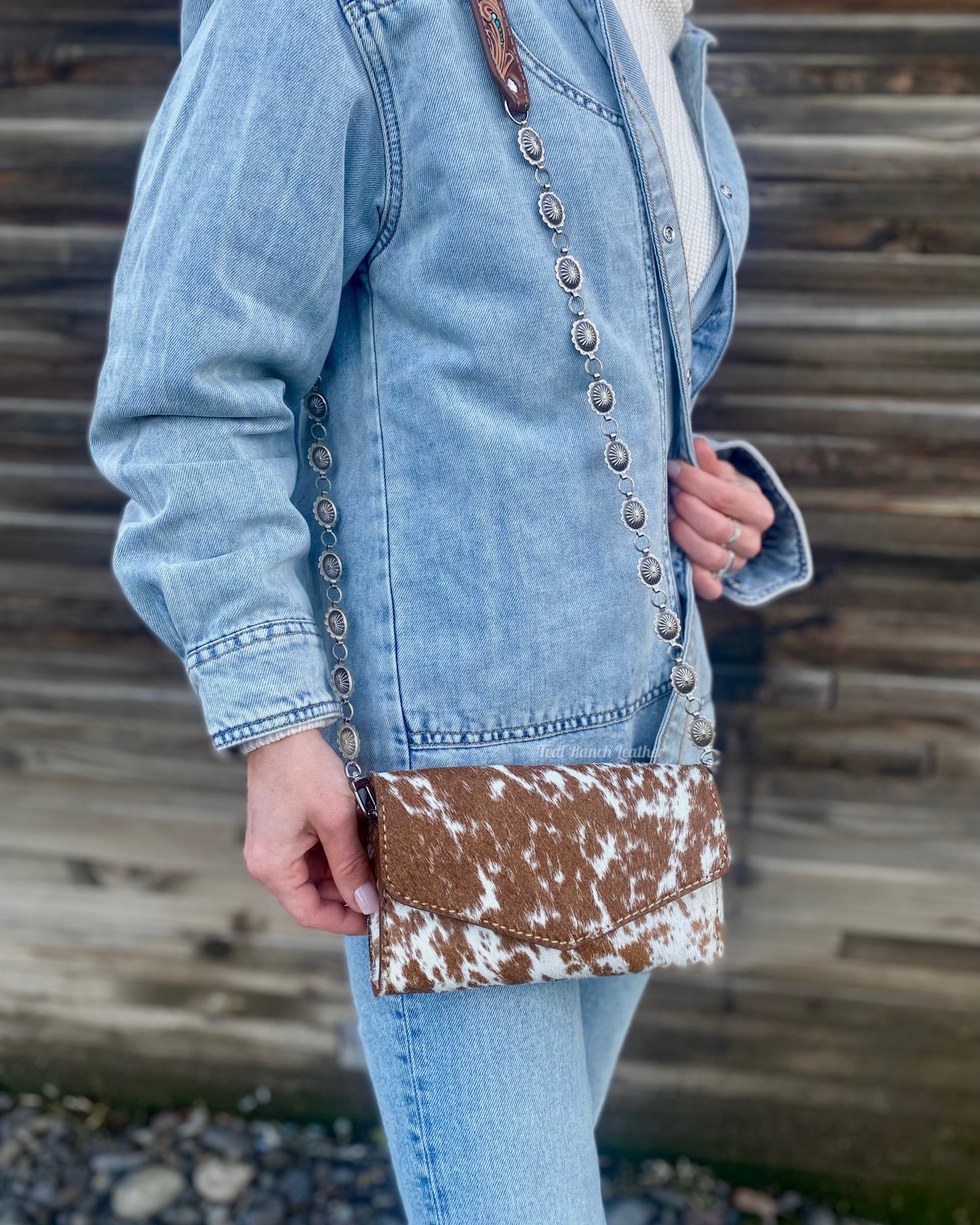 Small hair on hide cross body purse with tooled leather and concho chain-Light longhorn with turquoise