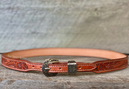 Skinny hand tooled western floral belt- made to order