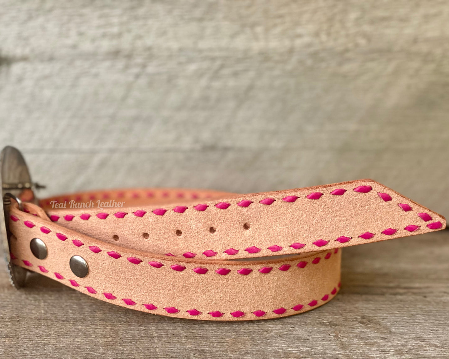 Rough out leather belt with pink buck stitch size 30"