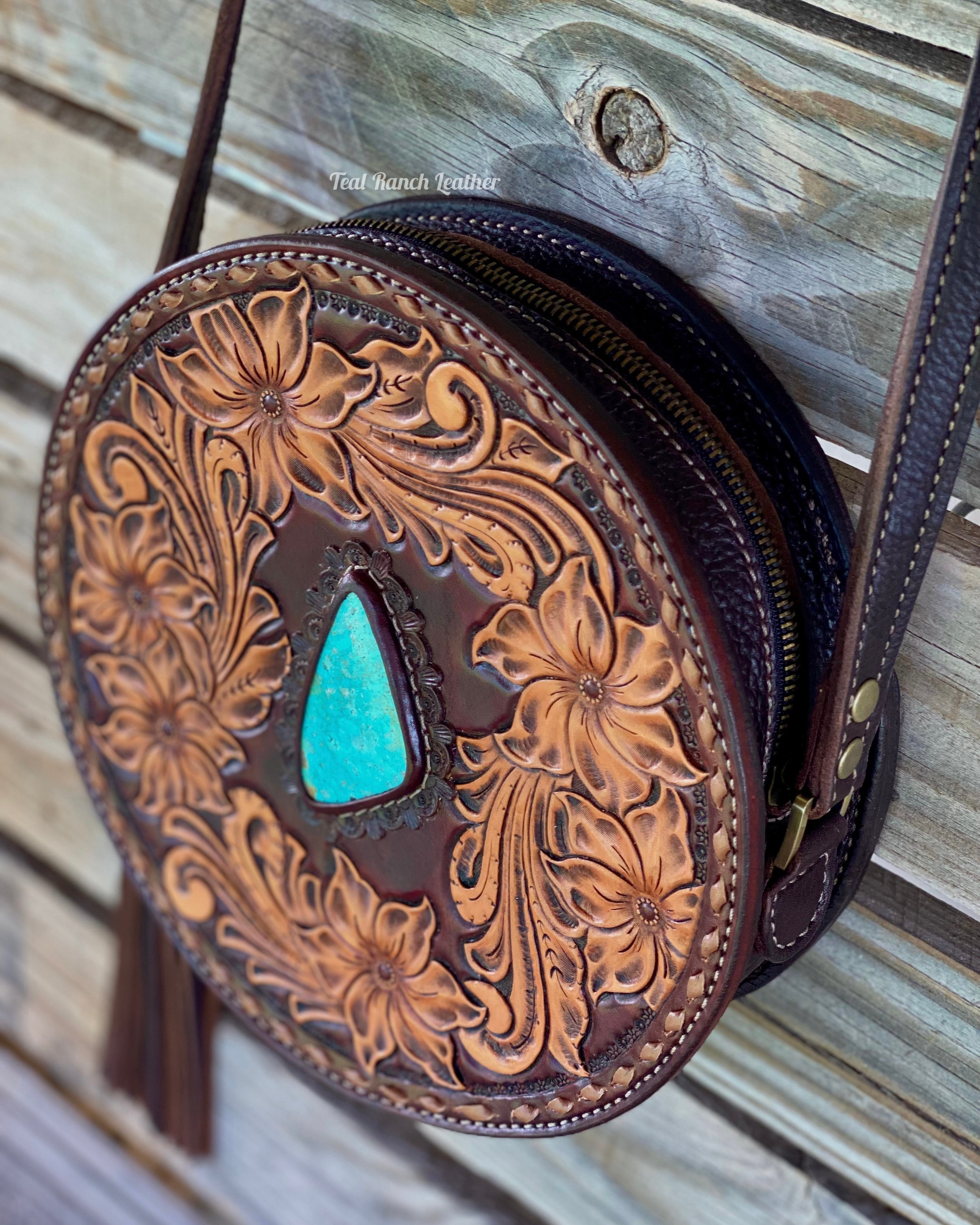 Tooled leather round purse - floral tooling – Teal Ranch Leather