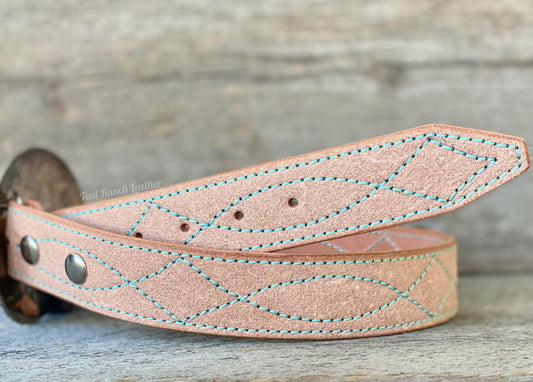 Teal boot stitched rough out belt- made to order