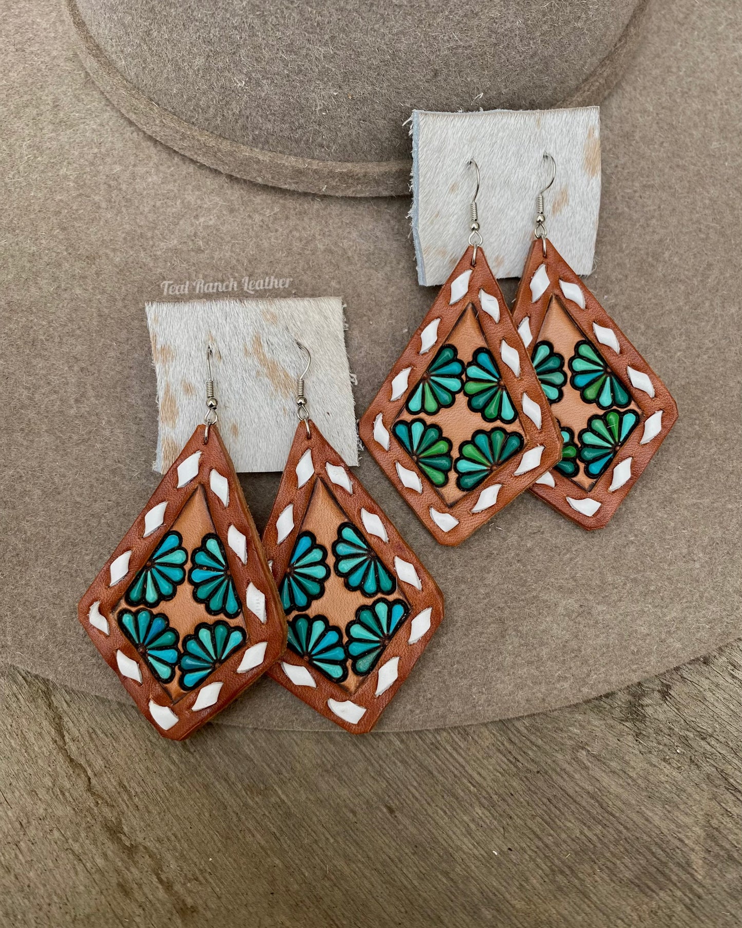 Leather turquoise and buckstitch earrings