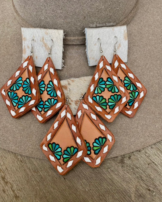 Leather turquoise and buckstitch earrings