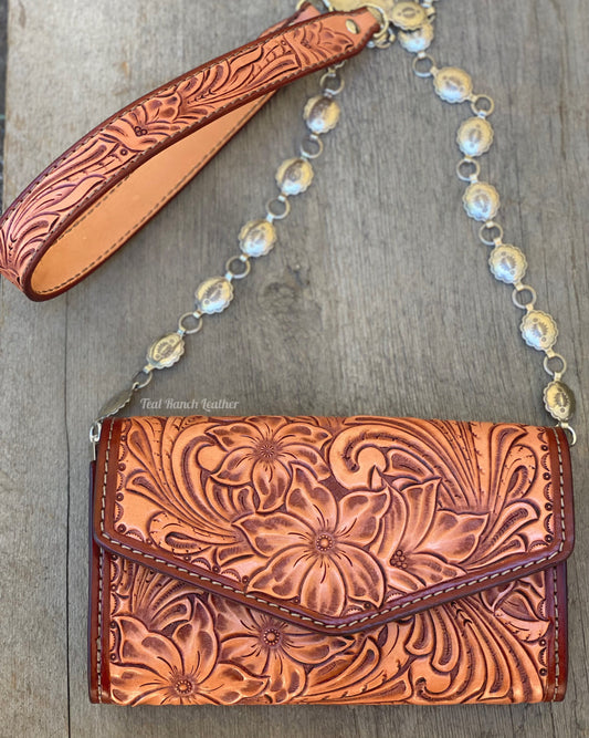 Small tooled leather cross body purse with concho chain