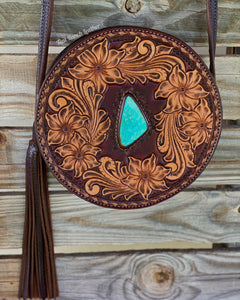 Tooled leather round purse- Kingman turquoise