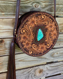 Tooled leather round purse- Kingman turquoise
