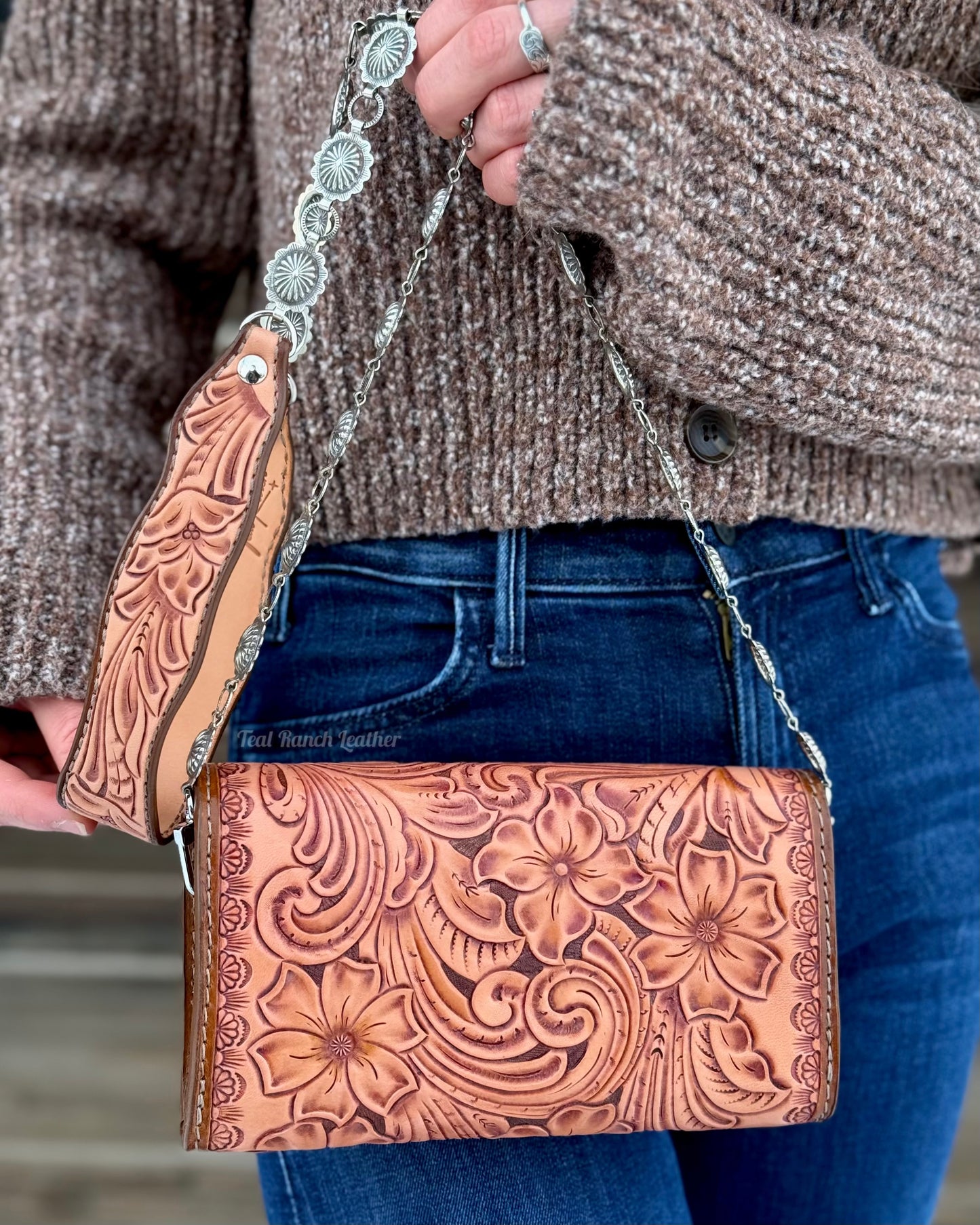 Small tooled leather cross body purse- Light brown