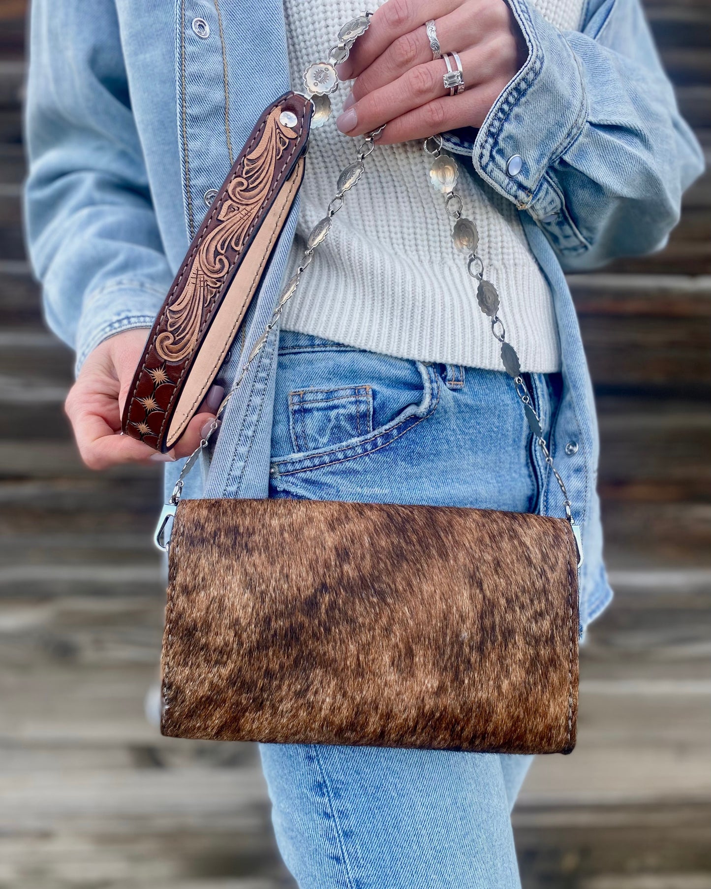 Small hair on hide cross body purse with tooled leather and concho chain- Brindle hide