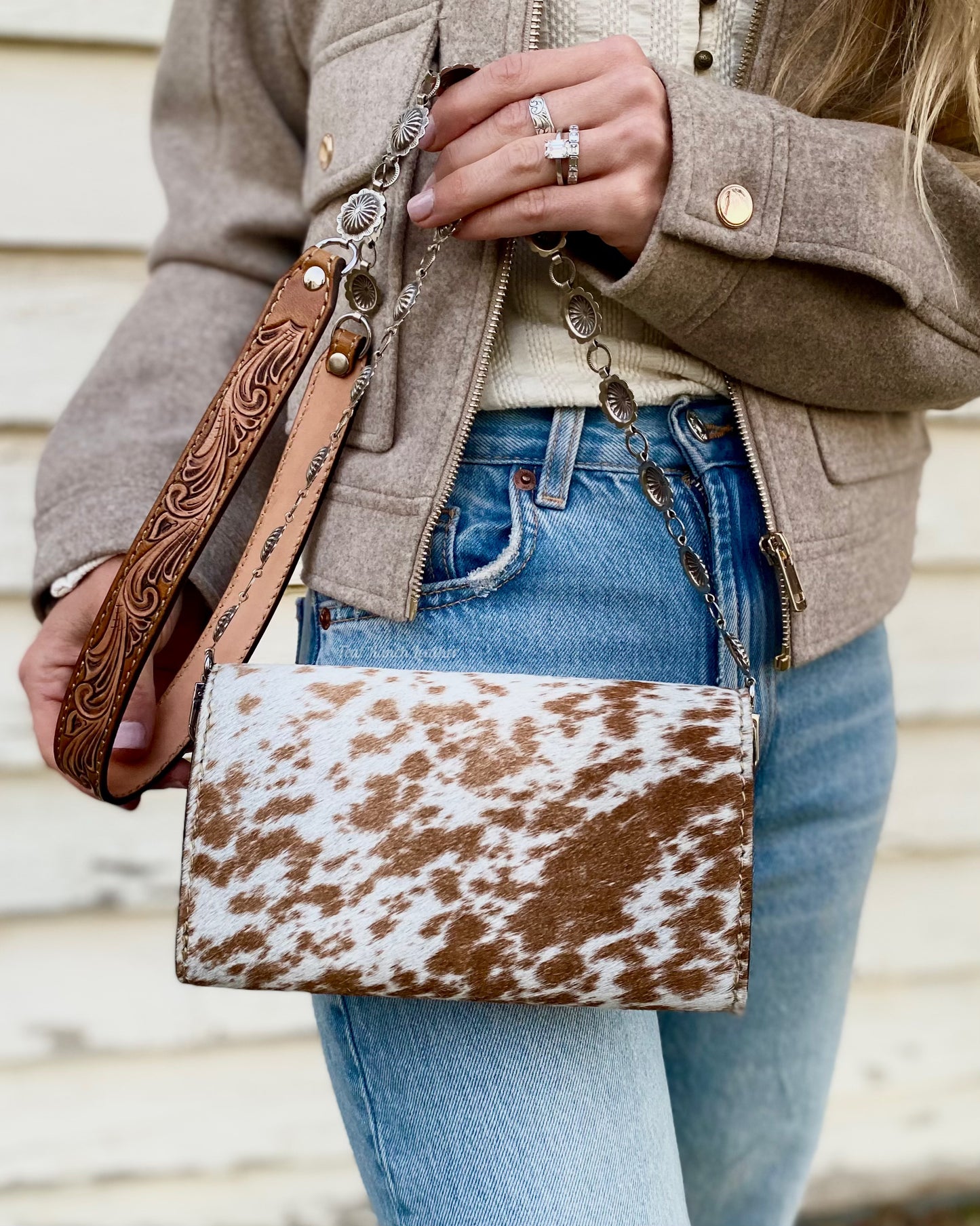 Small hair on hide cross body purse with tooled leather and concho chain-Light tan