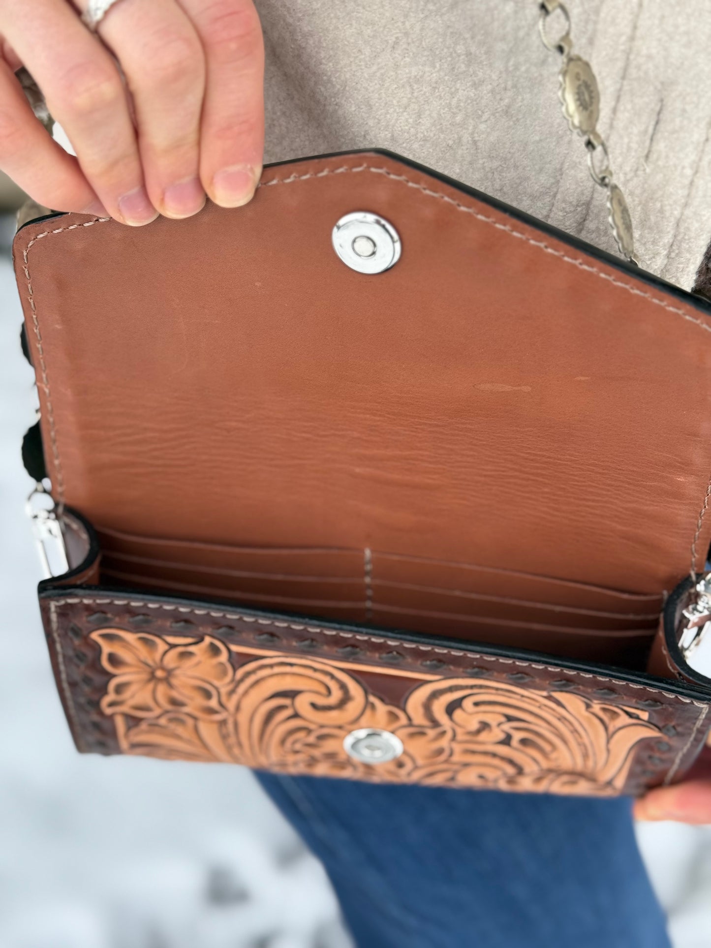 Small tooled leather cross body purse- Dark brown