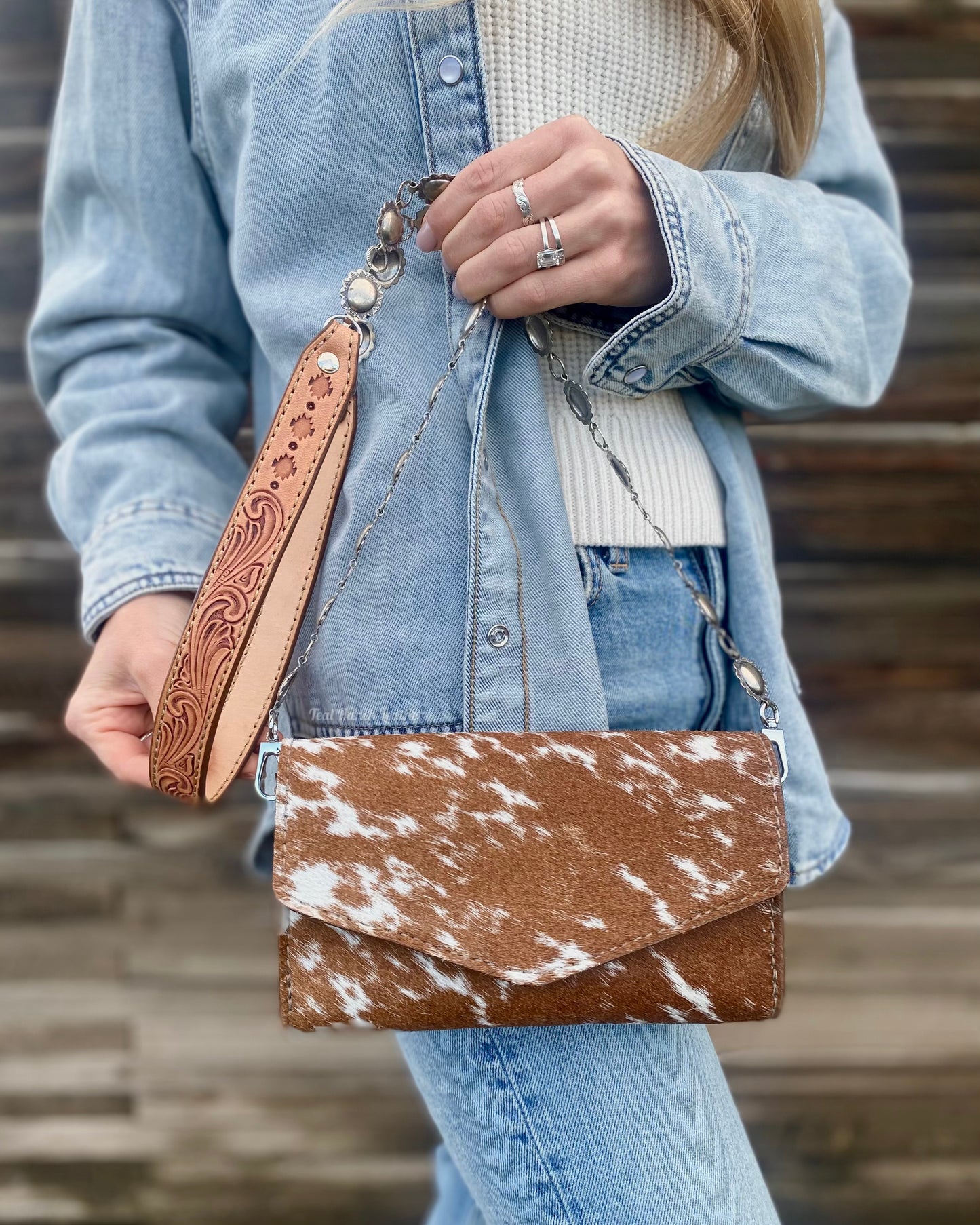 Small hair on hide cross body purse with tooled leather and concho chain- light longhorn