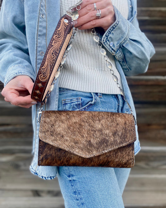 Small hair on hide cross body purse with tooled leather and concho chain- Brindle hide