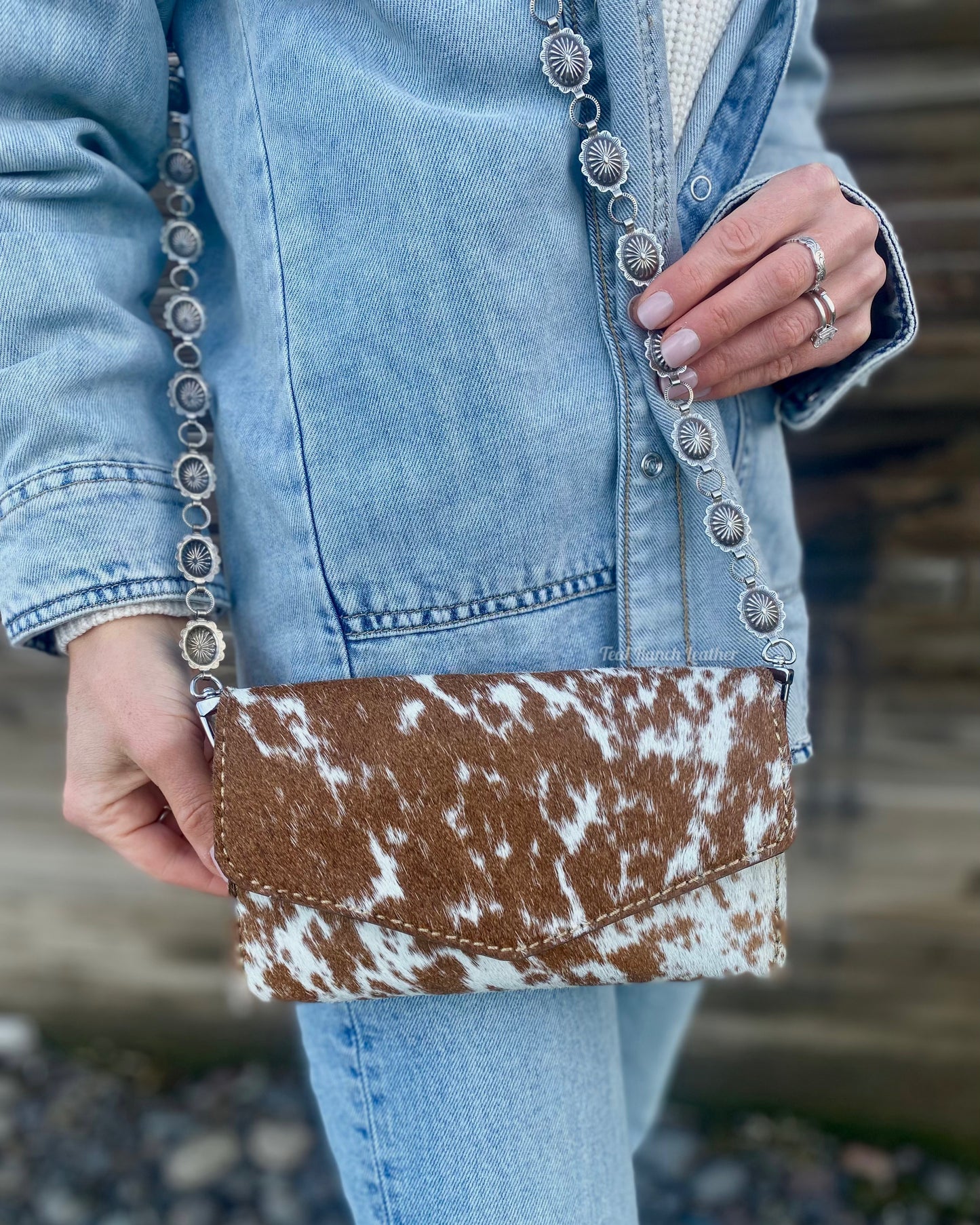 Small hair on hide cross body purse with tooled leather and concho chain-Light longhorn with turquoise