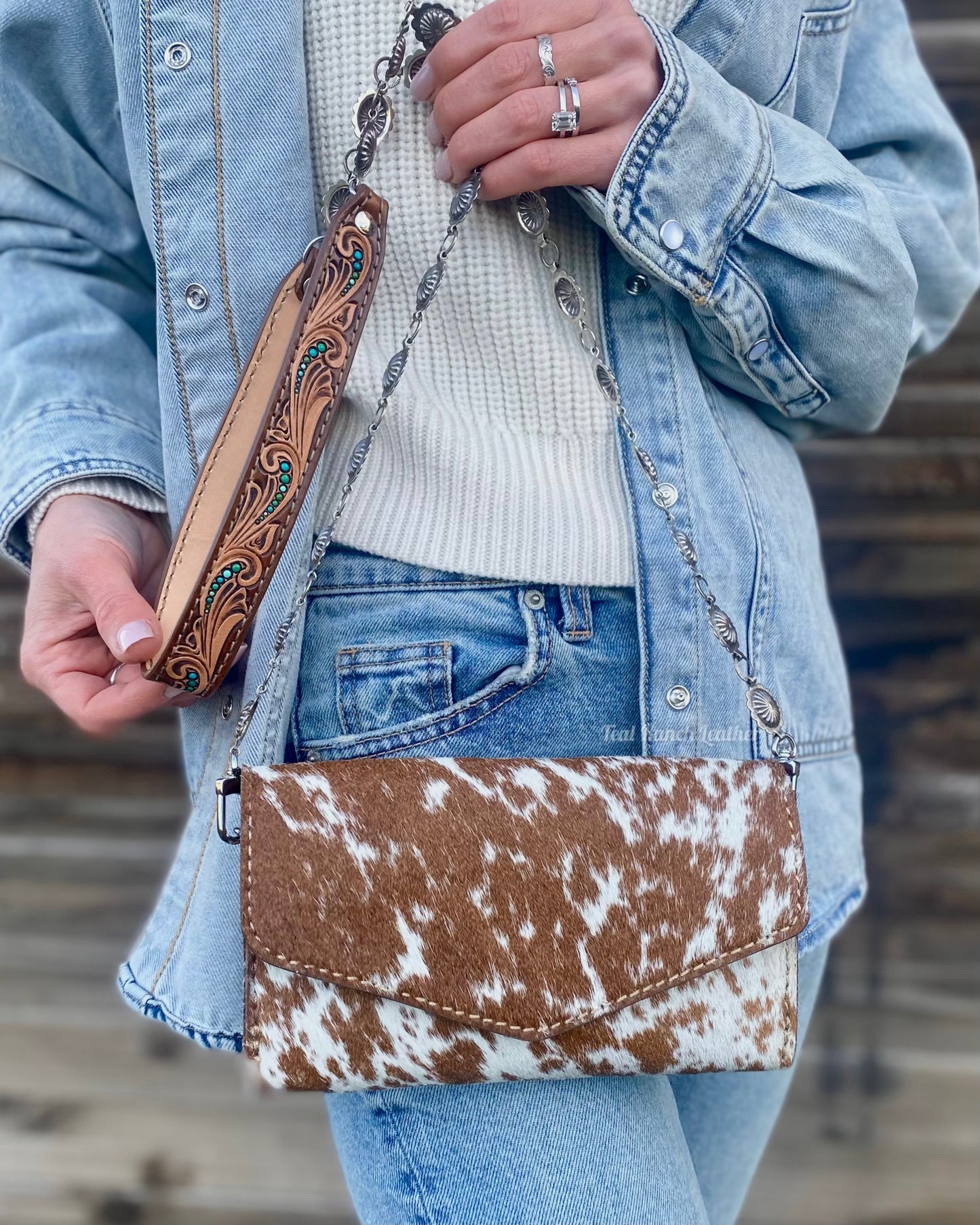 Small hair on hide cross body purse with tooled leather and concho chain-Light longhorn with turquoise