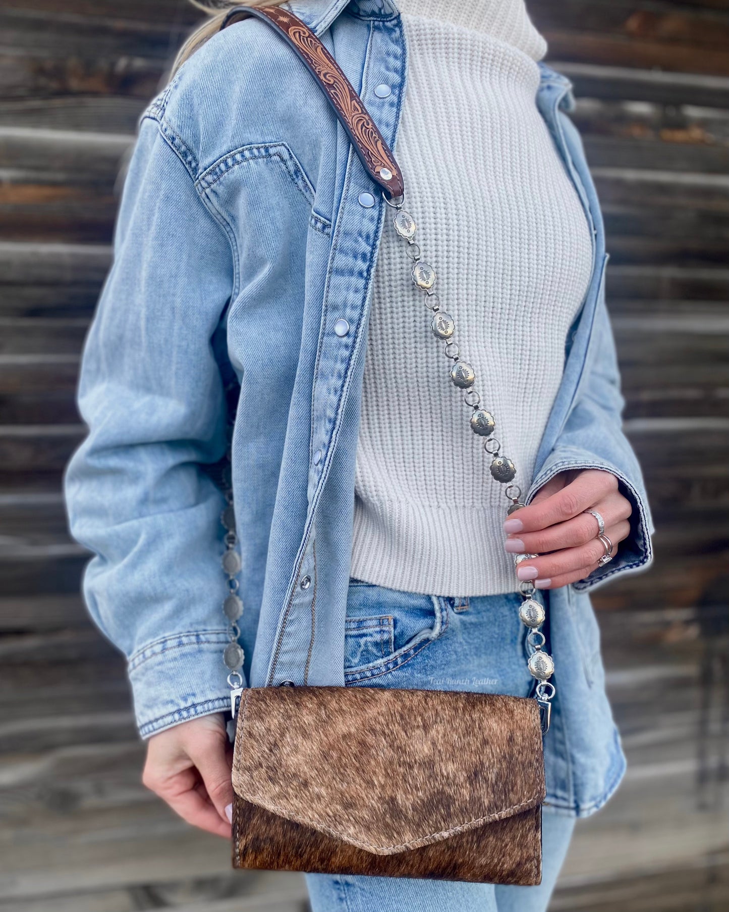 Small hair on hide cross body purse with tooled leather and concho chain- Brindle hide