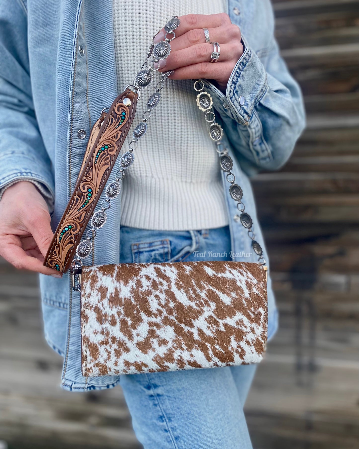 Small hair on hide cross body purse with tooled leather and concho chain-Light longhorn with turquoise