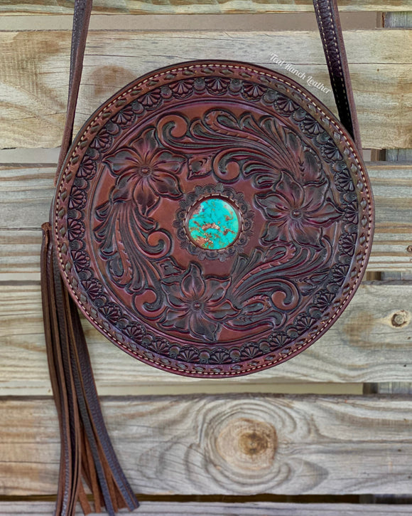 Tooled leather round purse in mahogany- Kingman turquoise