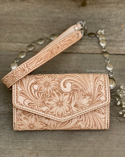 Small light leather tooled concho purse