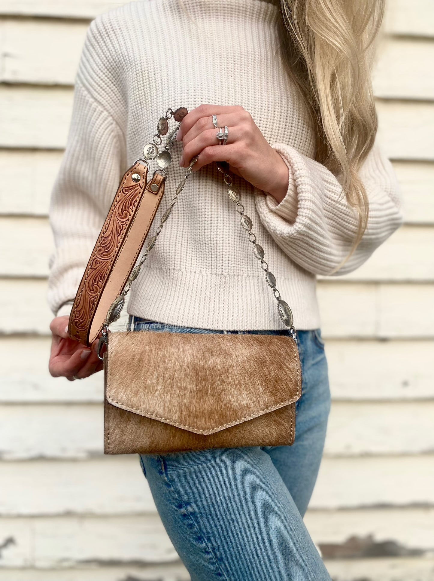 Small hair on hide cross body purse with tooled leather and concho chain- Light tan