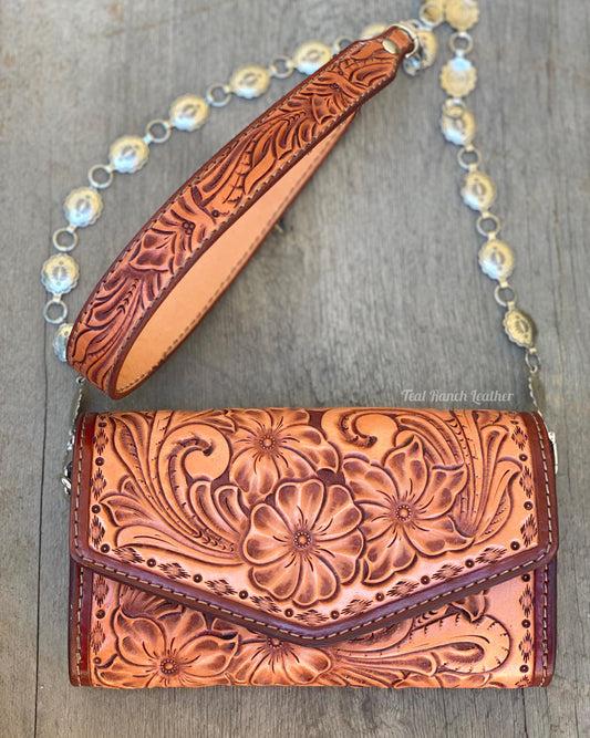 Small tooled leather cross body purse- gold horse shoe