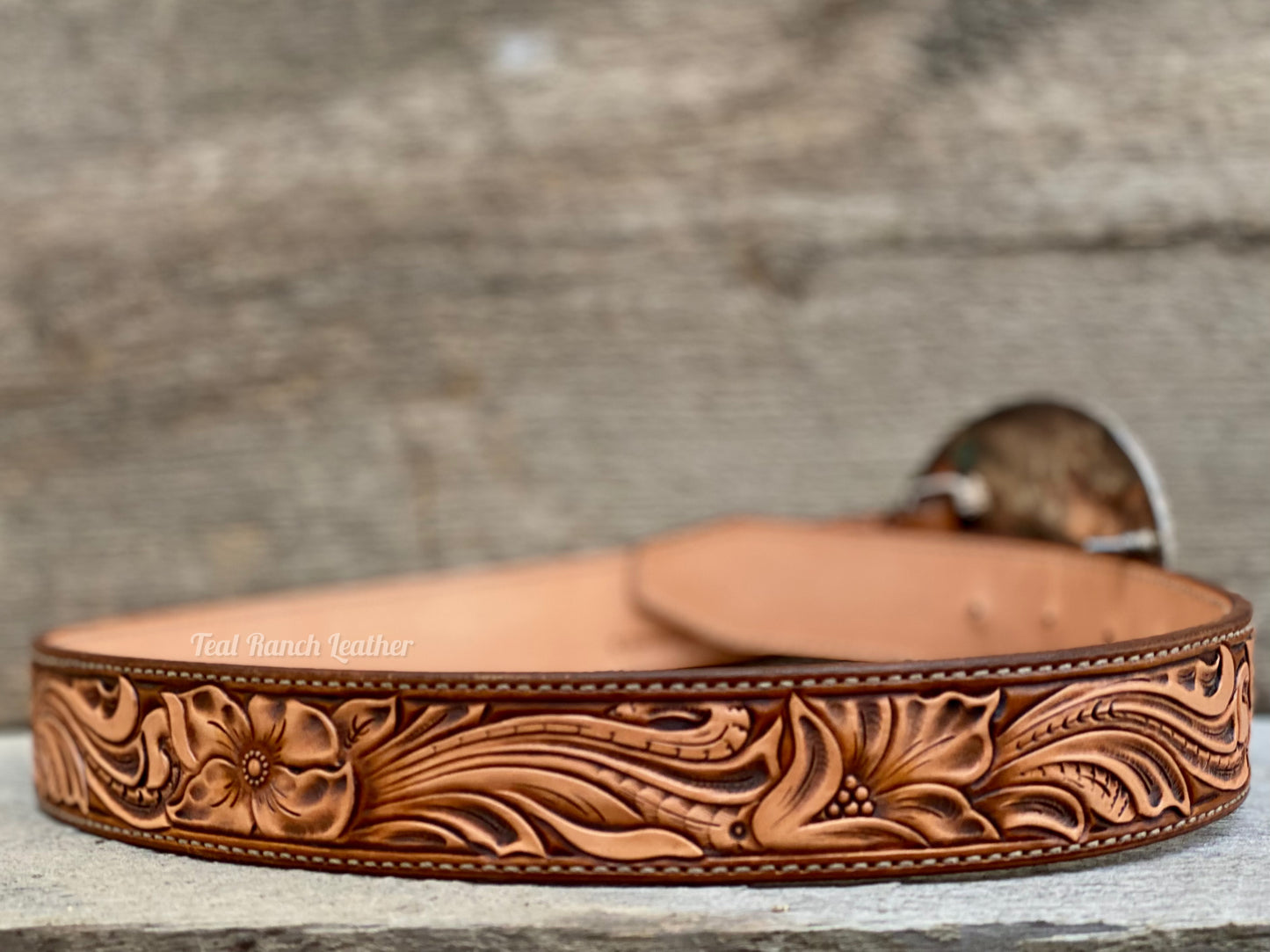 Tooled leather belt in walnut- size 29