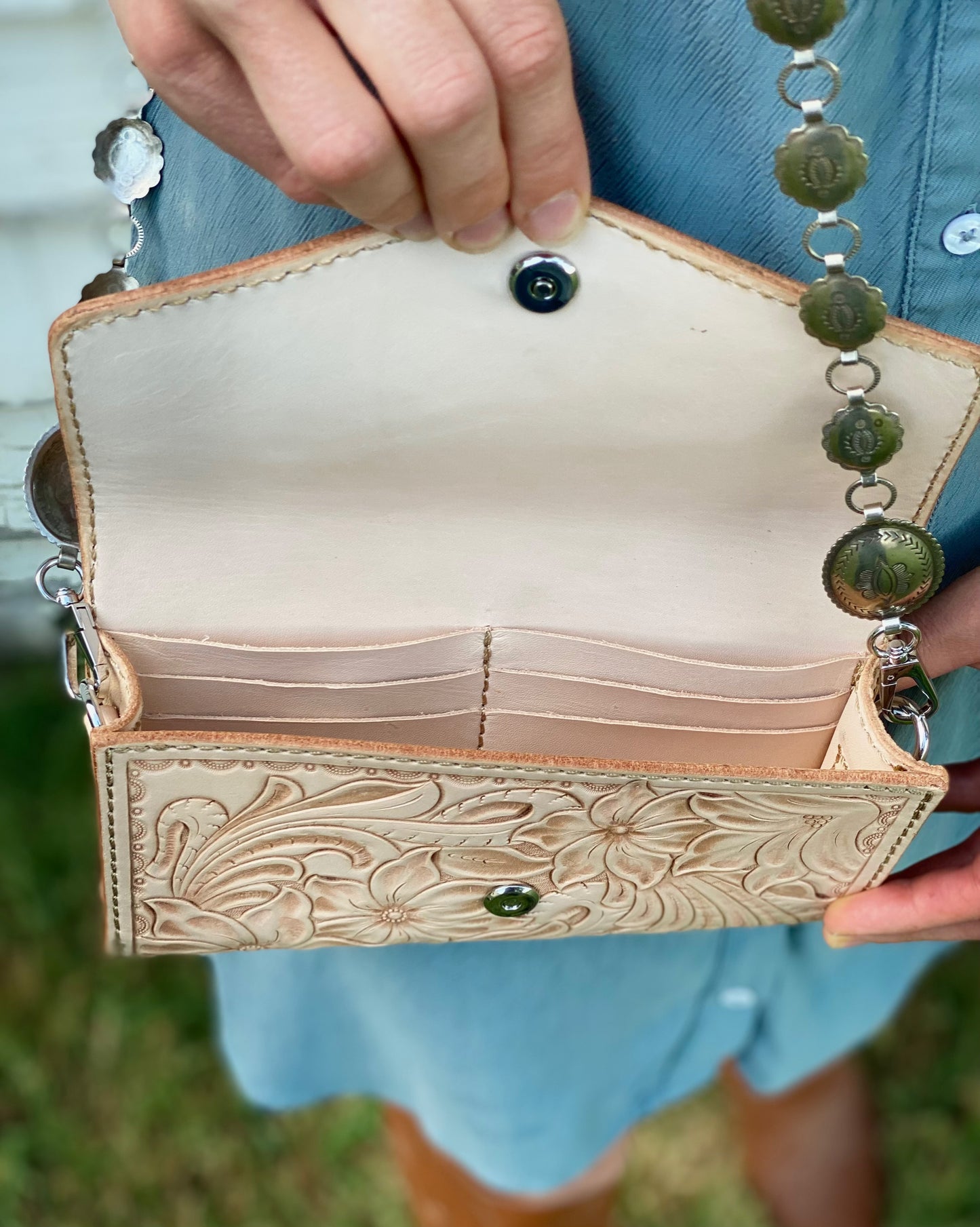 Small light leather tooled concho purse