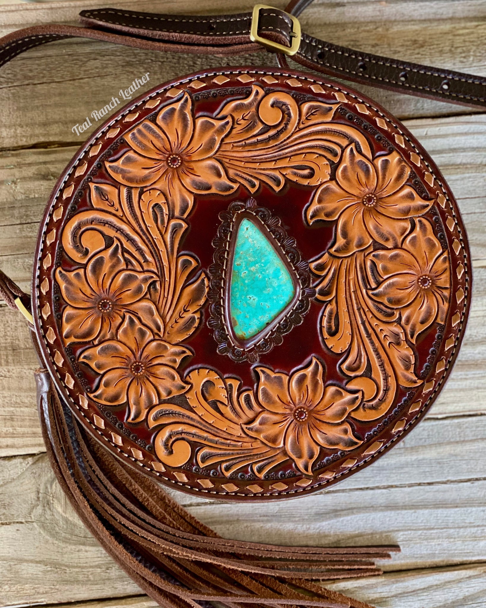 Tooled leather round purse- Kingman turquoise – Teal Ranch Leather