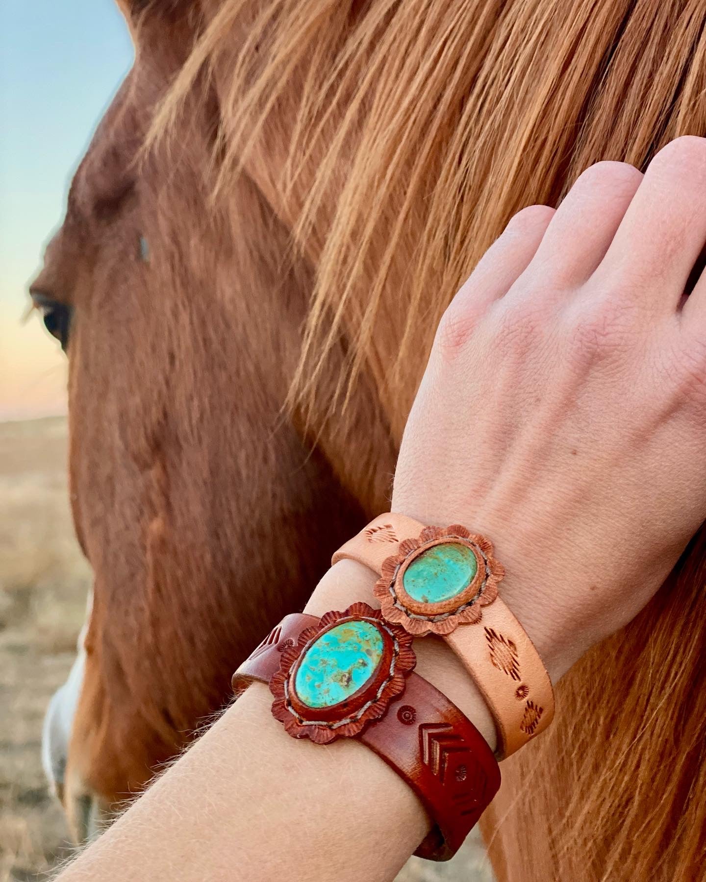 Small turquoise and leather cuffs- Tyrone turquoise