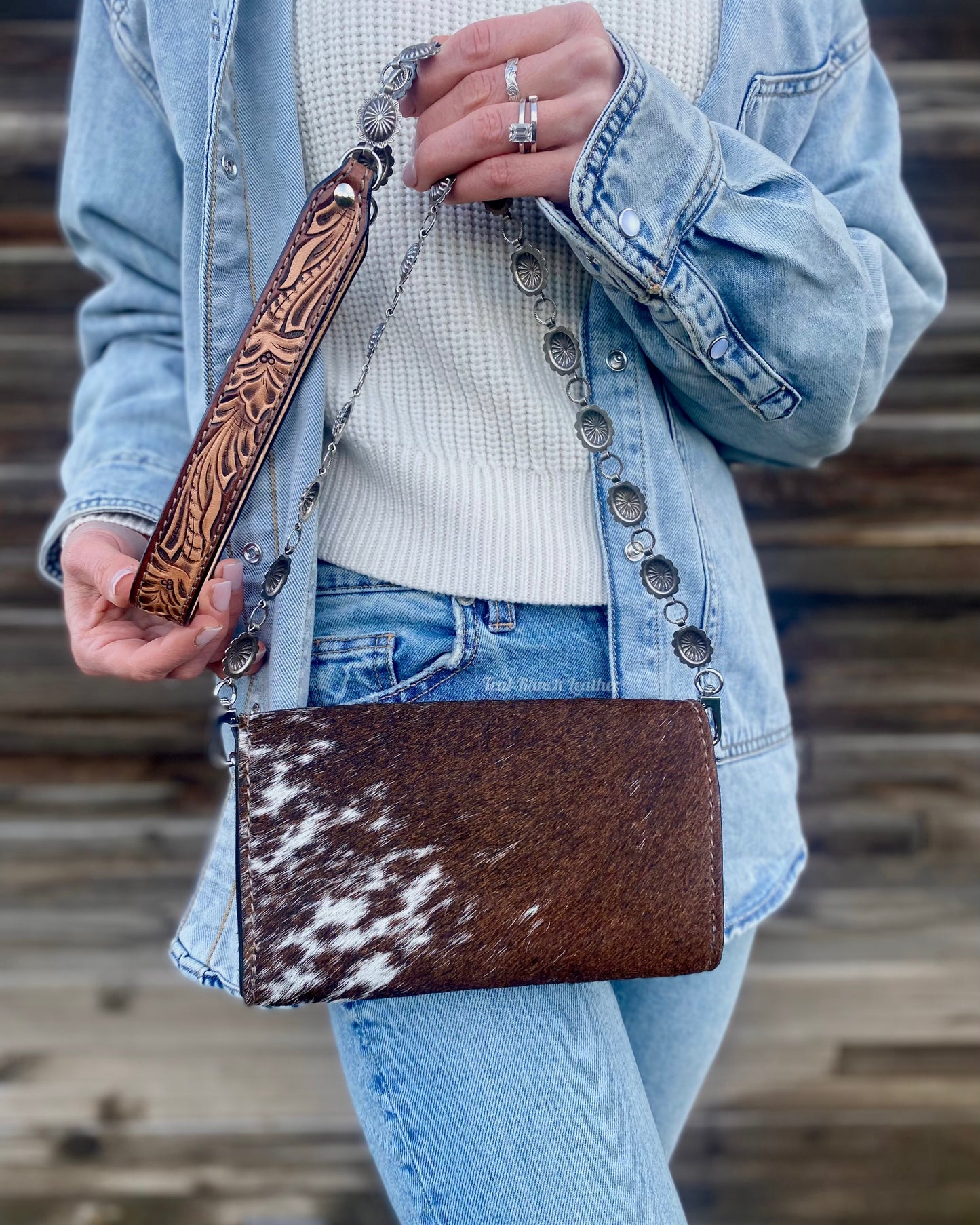 Small hair on hide cross body purse with tooled leather and concho chain- Dark longhorn