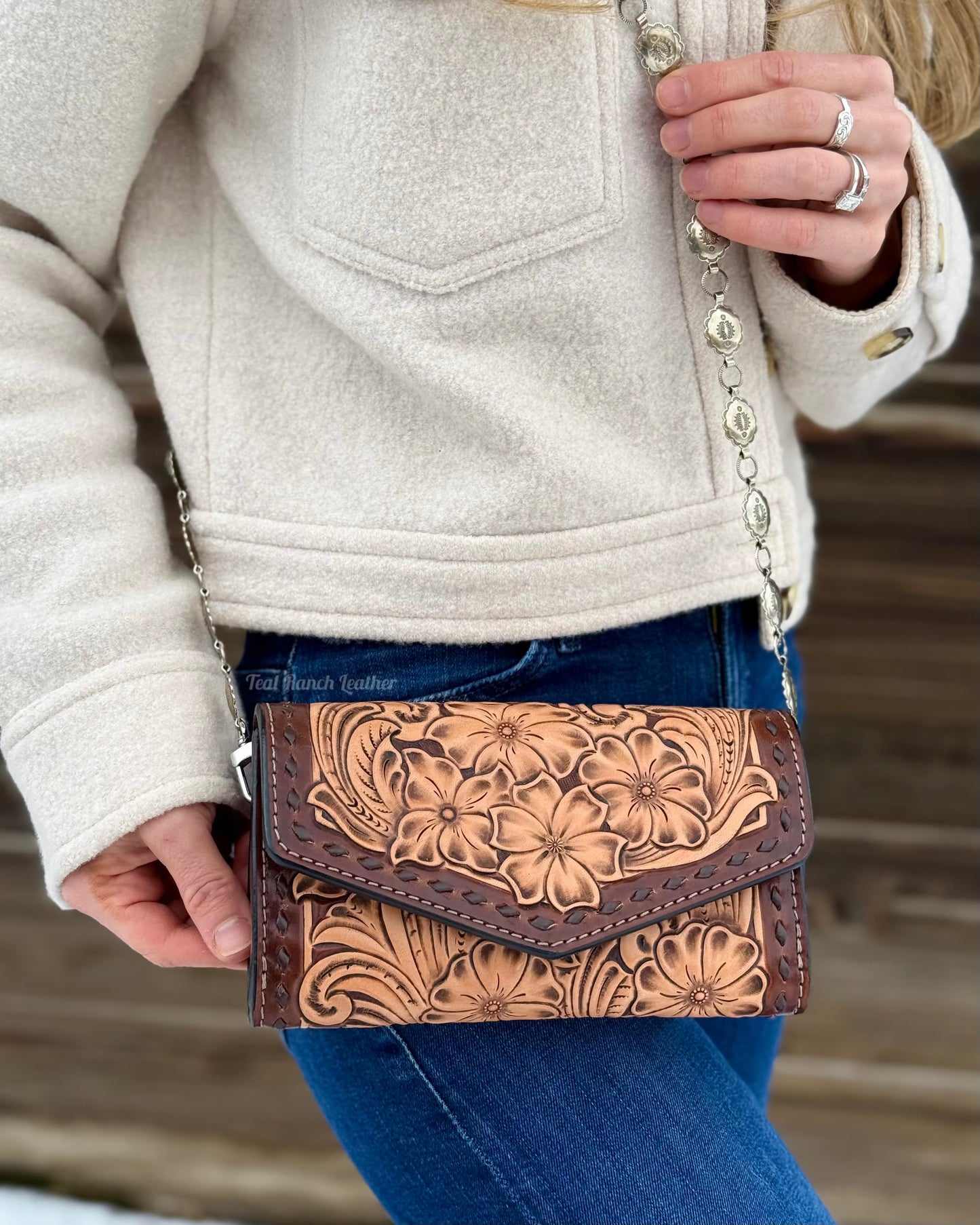 Small tooled leather cross body purse- Dark brown