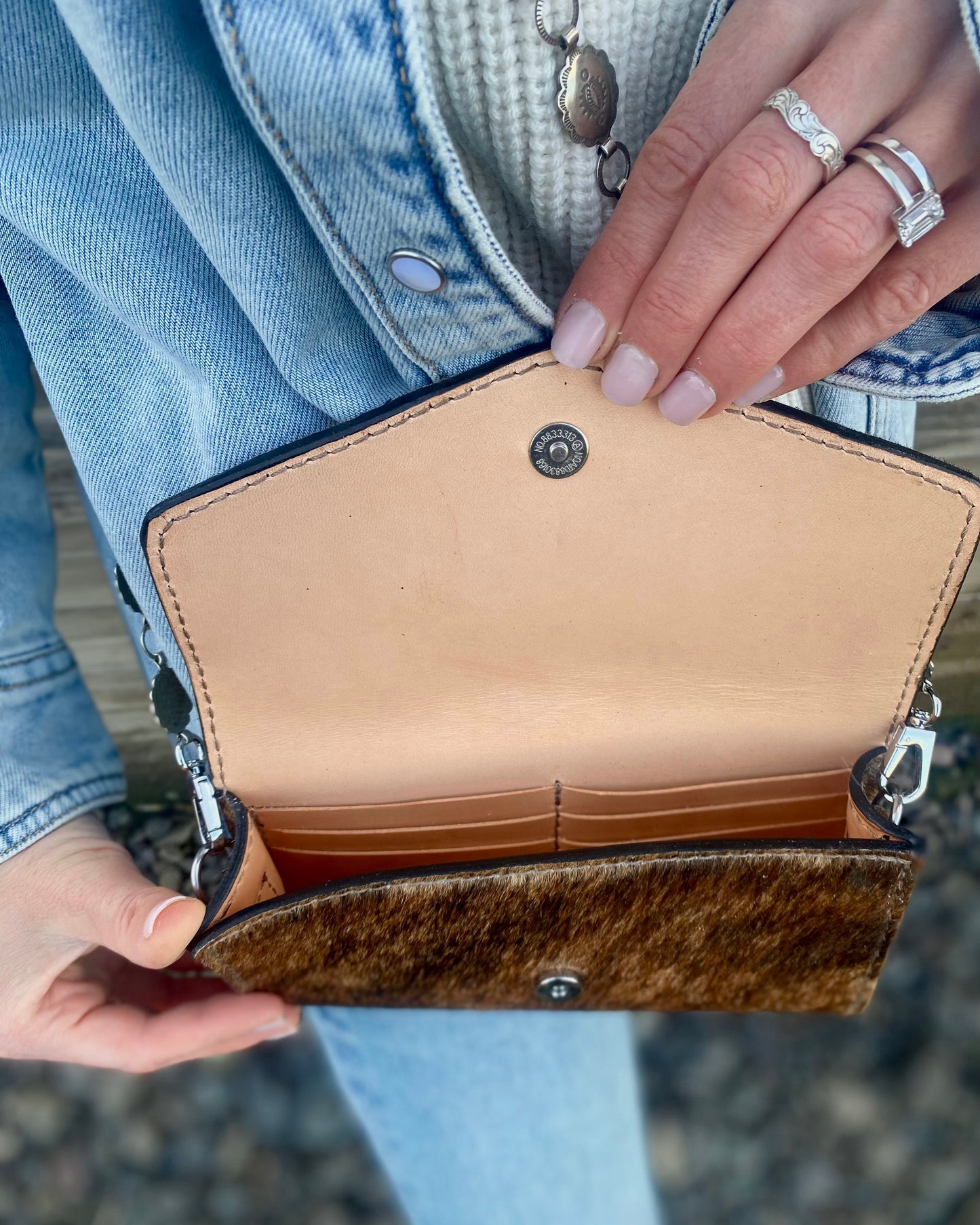 Small hair on hide cross body purse with tooled leather and concho chain- Brindle hide