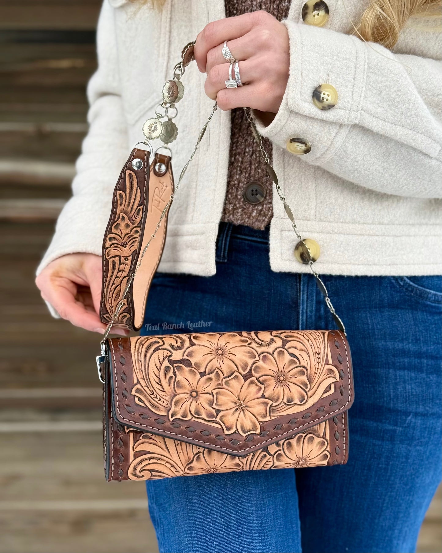 Small tooled leather cross body purse- Dark brown