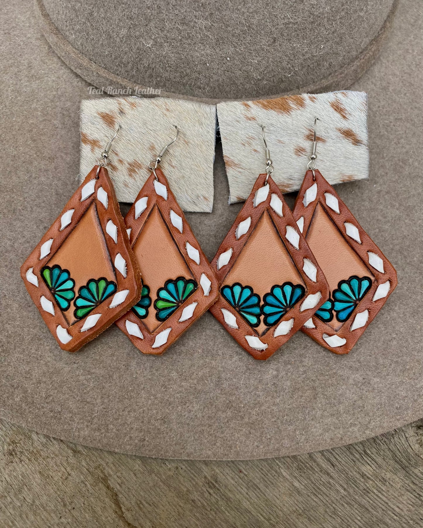 Leather turquoise and buckstitch earrings