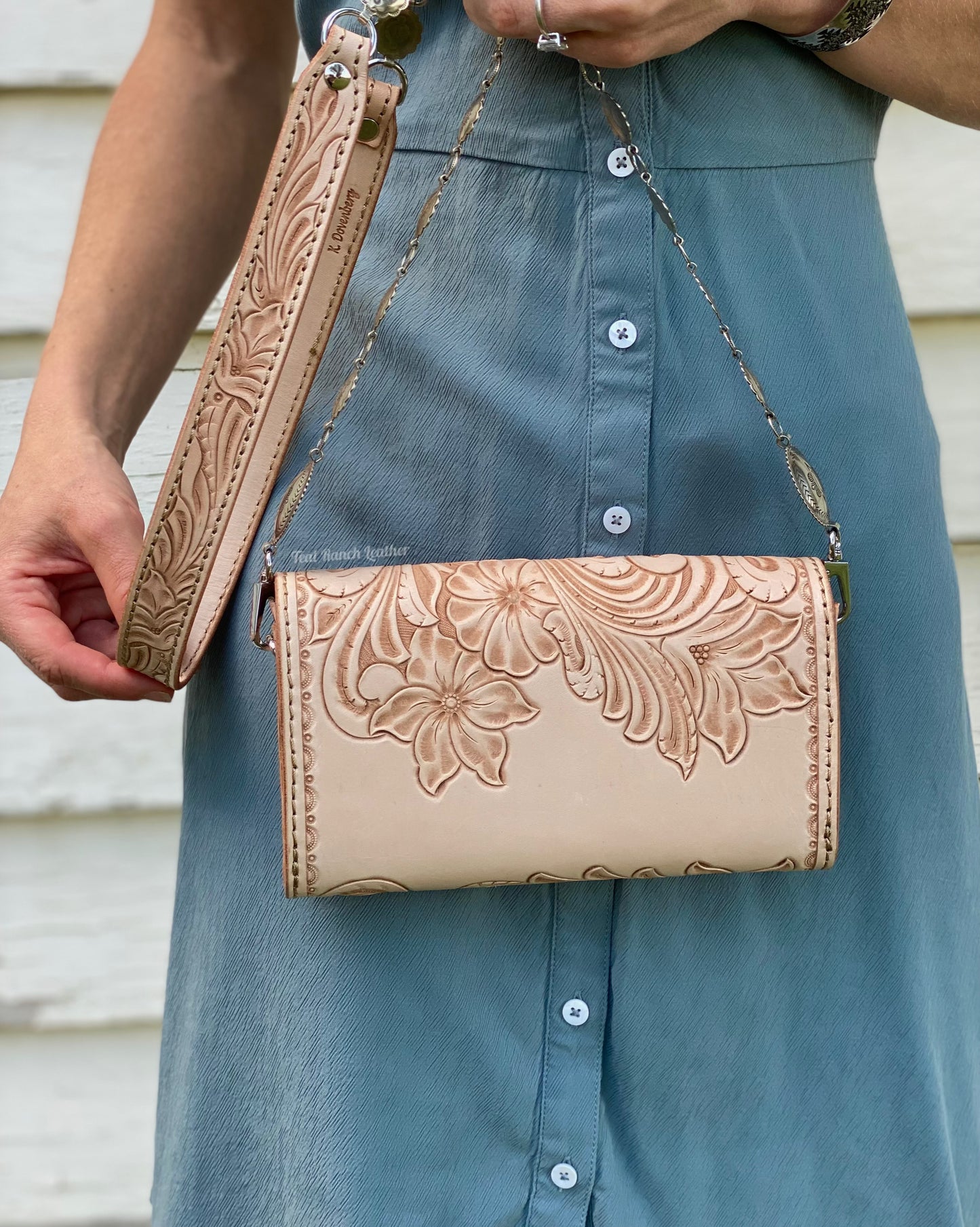 Small light leather tooled concho purse