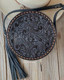 Tooled leather round purse- black with brown buckstitch