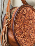 Tooled leather round purse - floral tooling