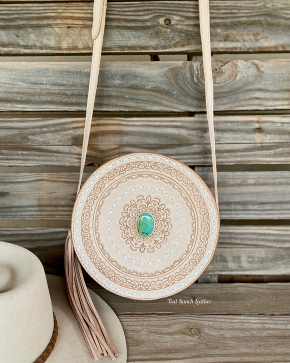 Leather and turquoise round purse- light leather