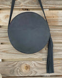 Tooled leather round purse- black with brown buckstitch