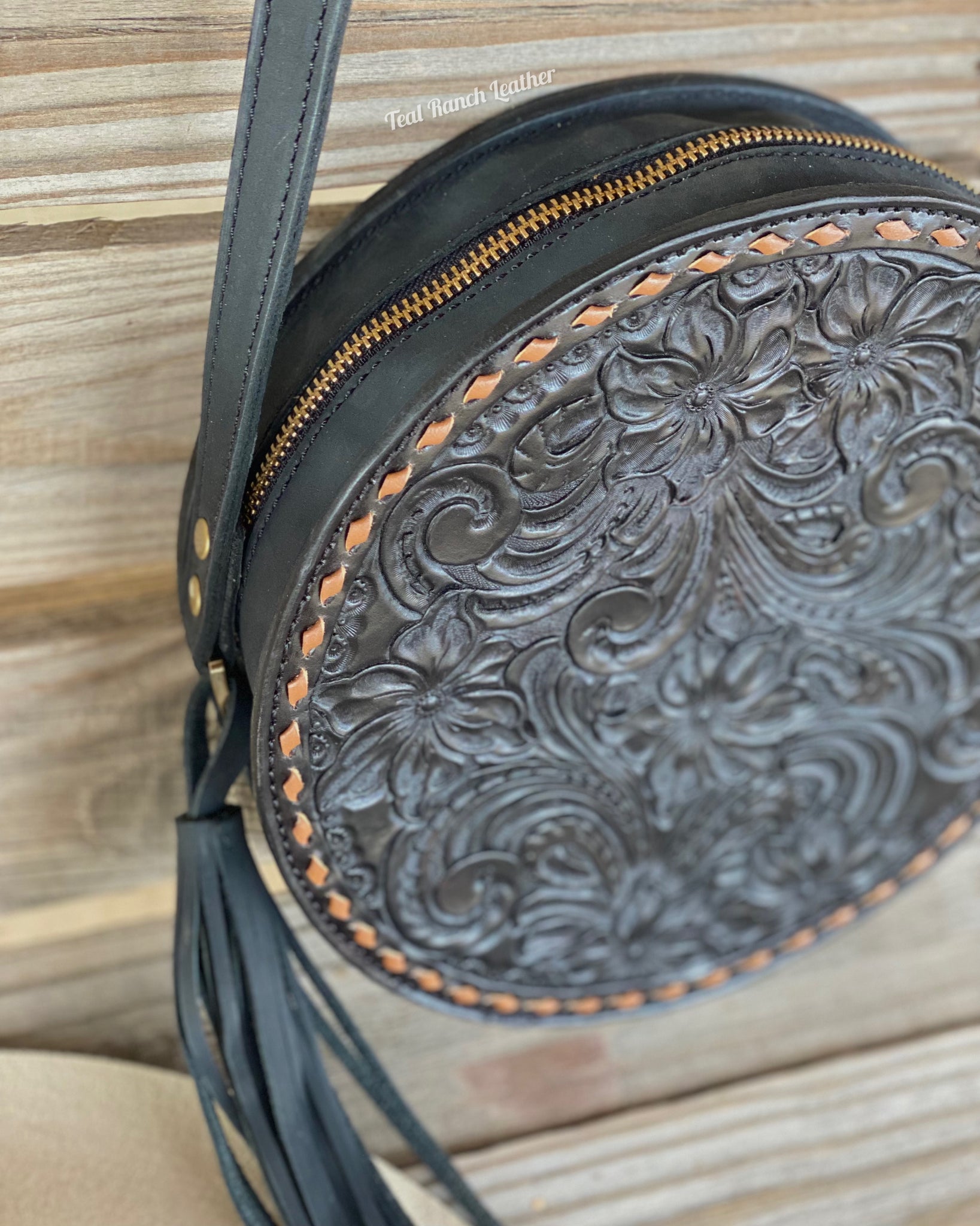 Black Hand Strap Clutch / Crossbody Tooled Leather Purse